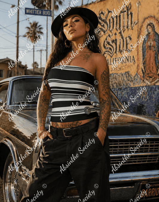 La Oscura | Black Stripe Double-Layer Strapless Top | Dark Chicana Gothic Streetwear