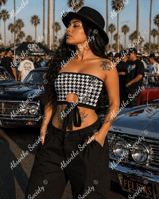 La Luna | All-Over Print Tie Bandeau Top | Dark Chicana Gothic Streetwear