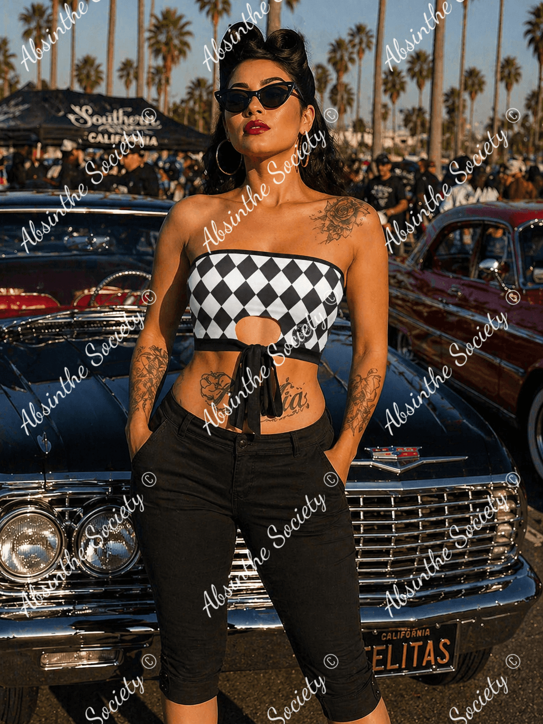 La Reina del Calle | All-Over Print Tie Bandeau Top | Dark Chicana Gothic Streetwear Black