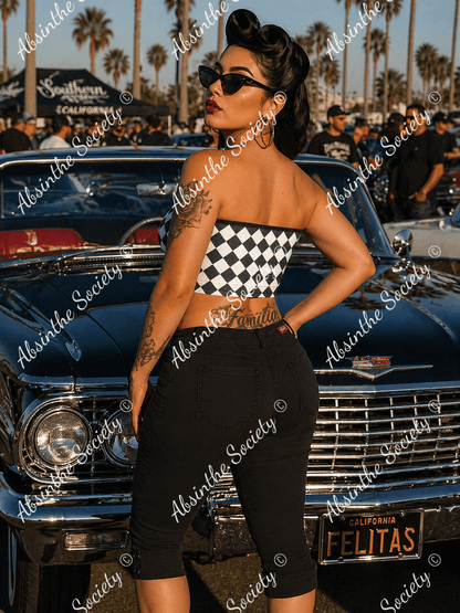 La Reina del Calle | All-Over Print Tie Bandeau Top | Dark Chicana Gothic Streetwear