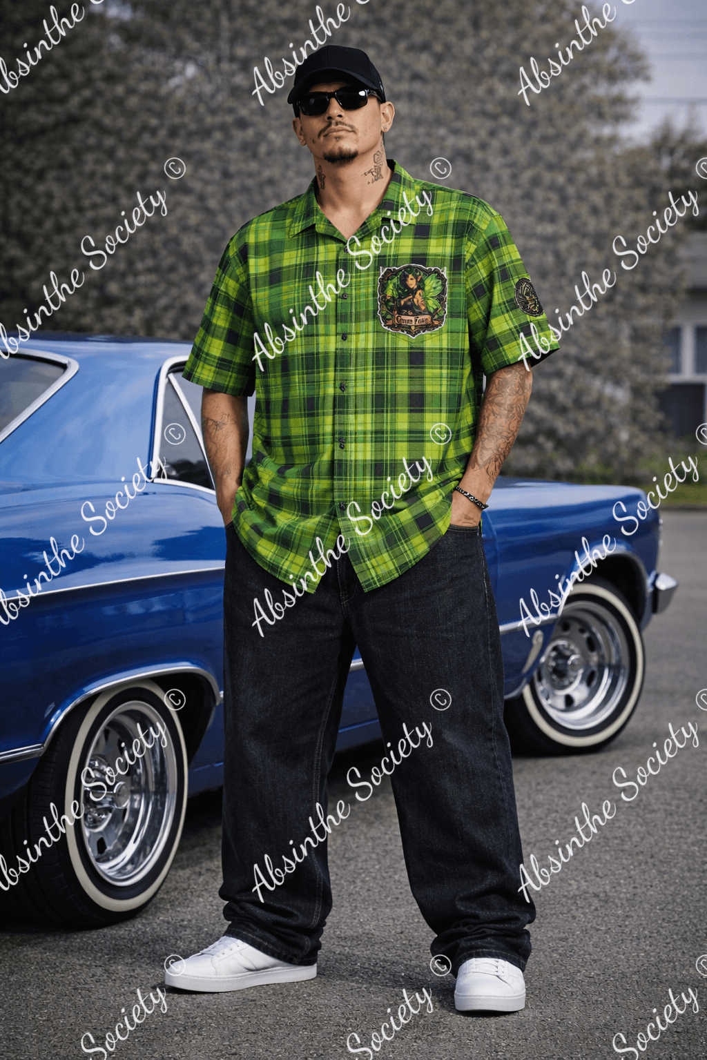 Absinthe Society- Green Fairy Plaid -Hawaiian Shirt With Pocket| Cotton poplin