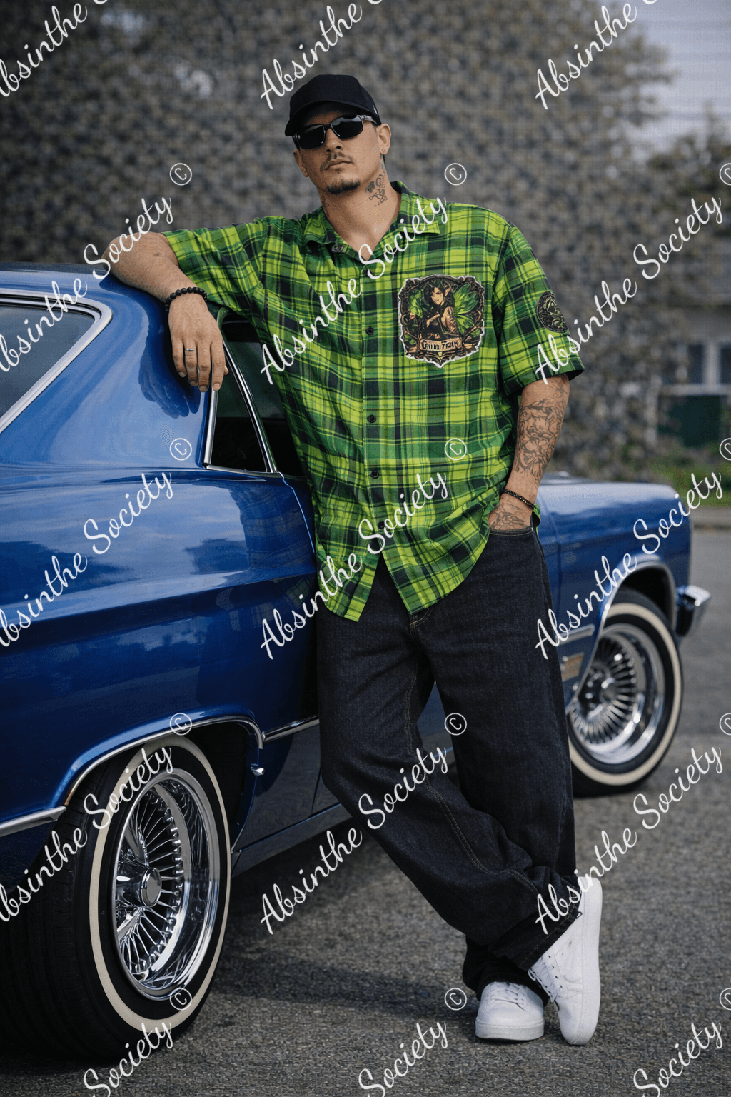 Absinthe Society- Green Fairy Plaid -Hawaiian Shirt With Pocket| Cotton poplin