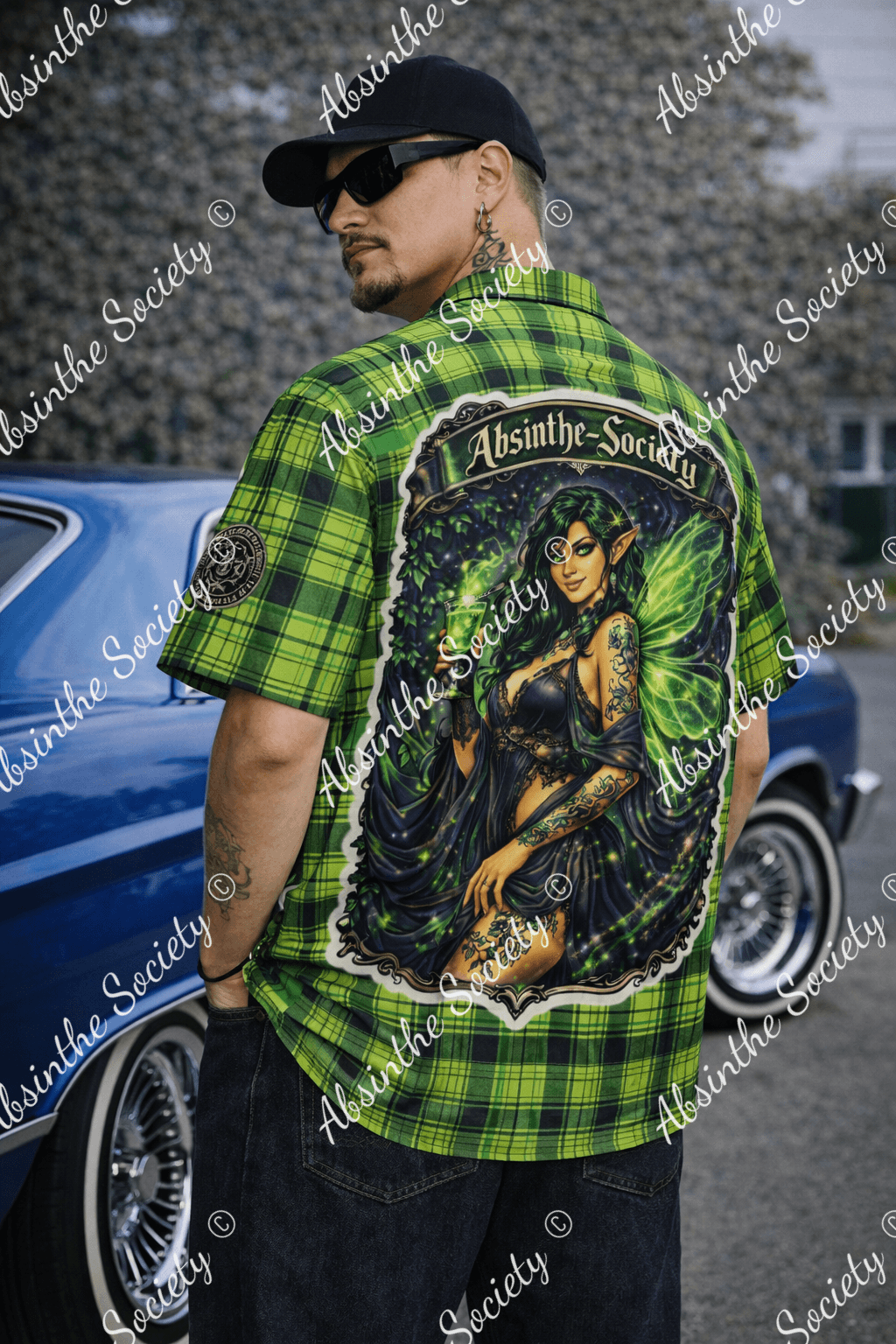 Absinthe Society- Green Fairy Plaid -Hawaiian Shirt With Pocket| Cotton poplin White