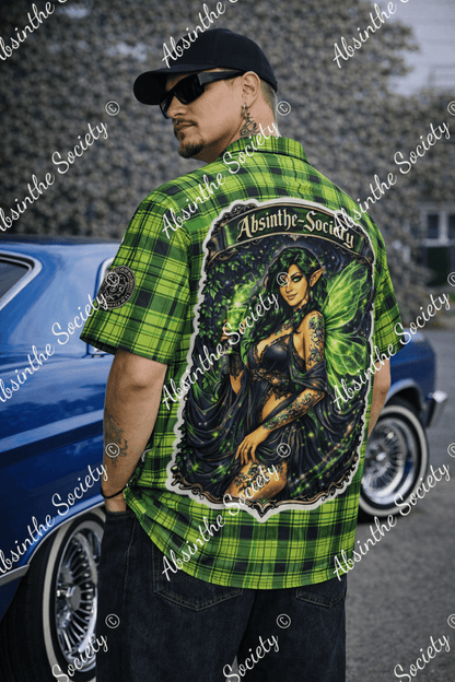 Absinthe Society- Green Fairy Plaid -Hawaiian Shirt With Pocket| Cotton poplin White