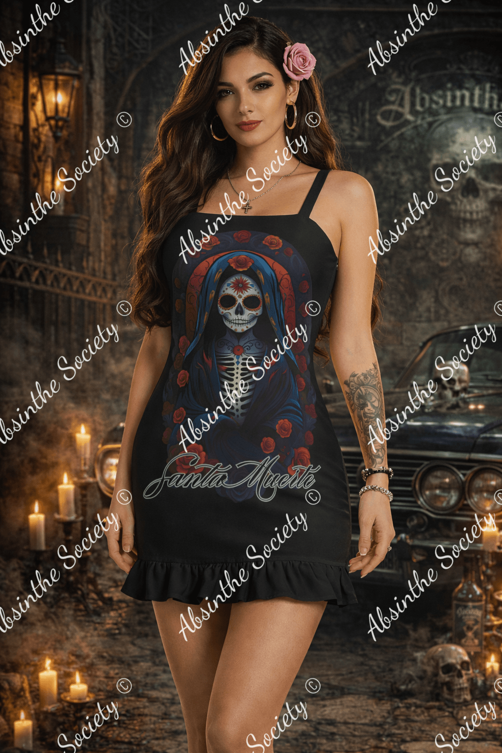Santa Muerte Ruffle Hem Mini Dress
