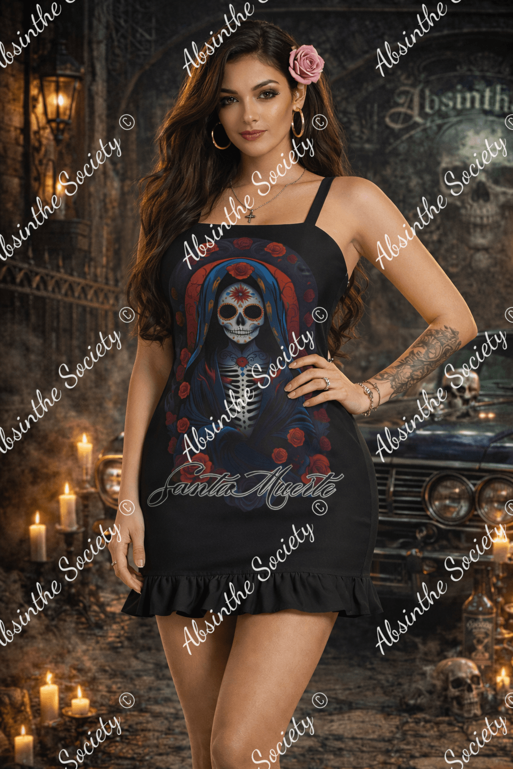 Santa Muerte Ruffle Hem Mini Dress
