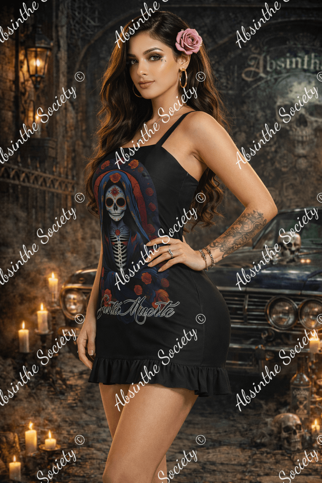 Santa Muerte Ruffle Hem Mini Dress
