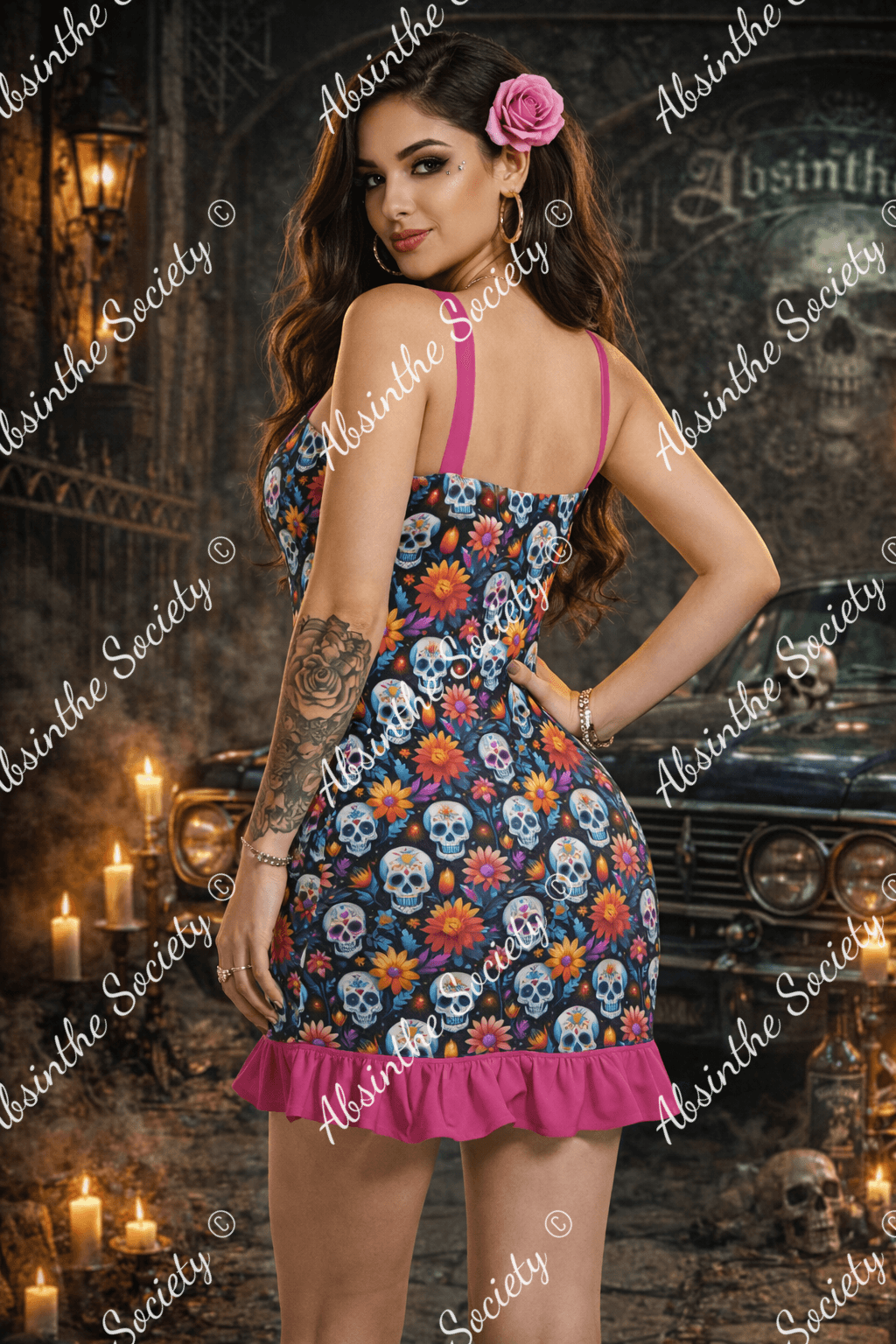 Sunny Sugar Skull - Ruffle Hem Mini Dress