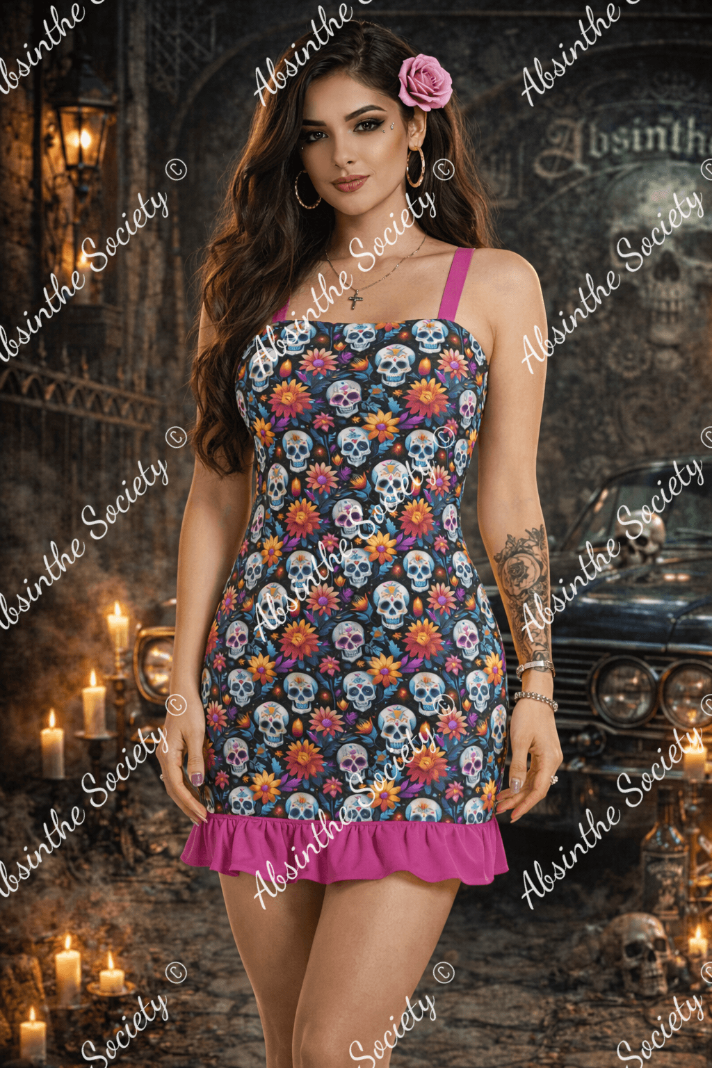 Sunny Sugar Skull - Ruffle Hem Mini Dress 3XL