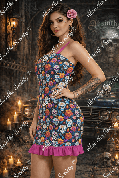 Sunny Sugar Skull - Ruffle Hem Mini Dress