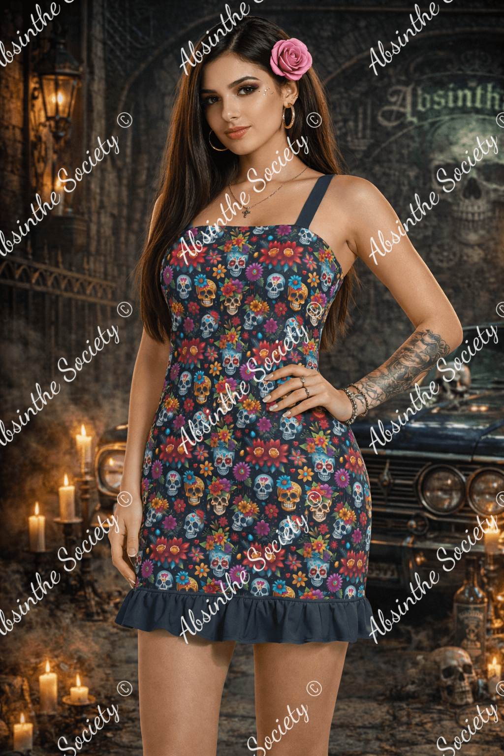 Carnival Skulls Ruffle Hem Mini Dress