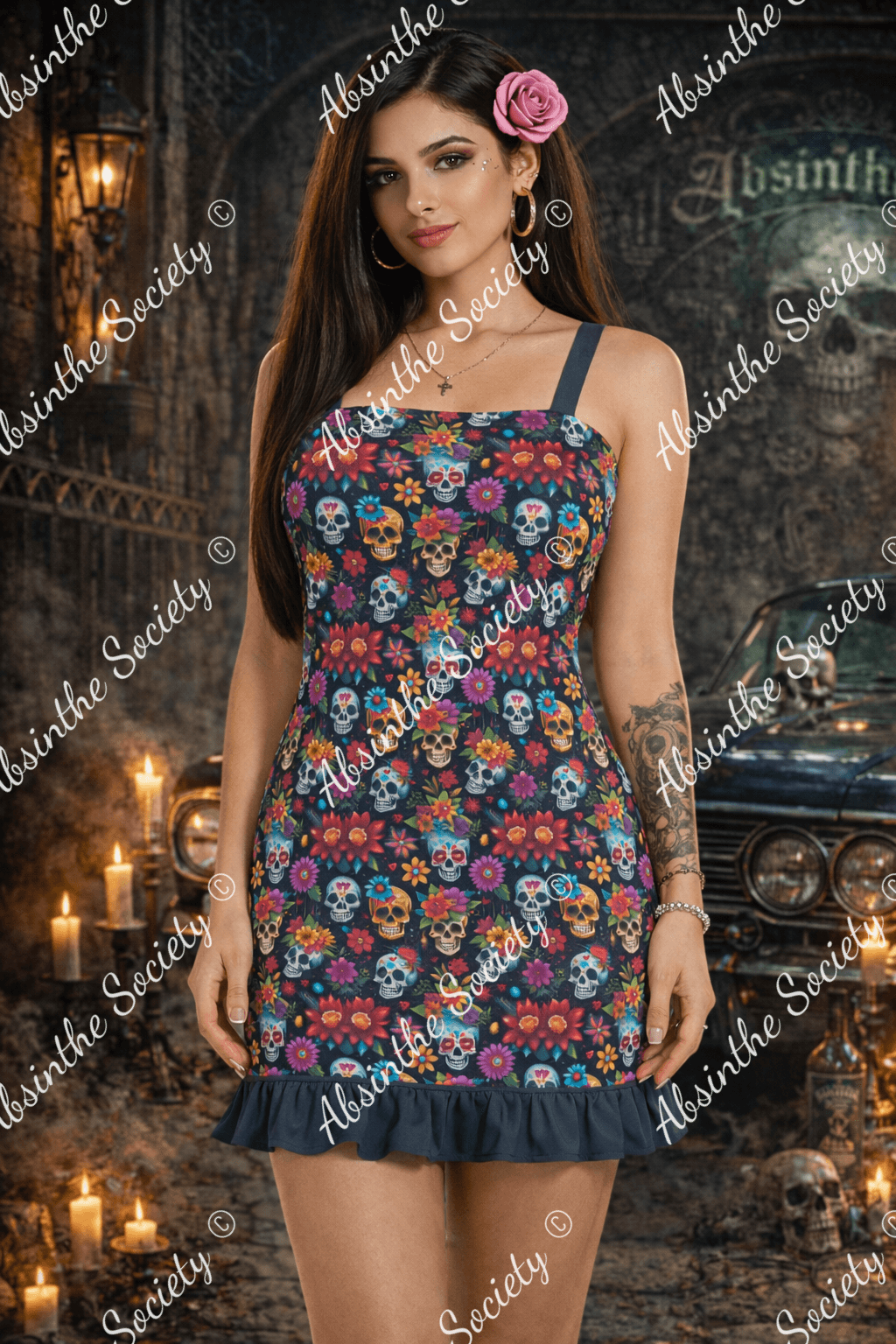 Carnival Skulls Ruffle Hem Mini Dress