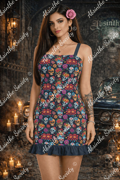 Carnival Skulls Ruffle Hem Mini Dress