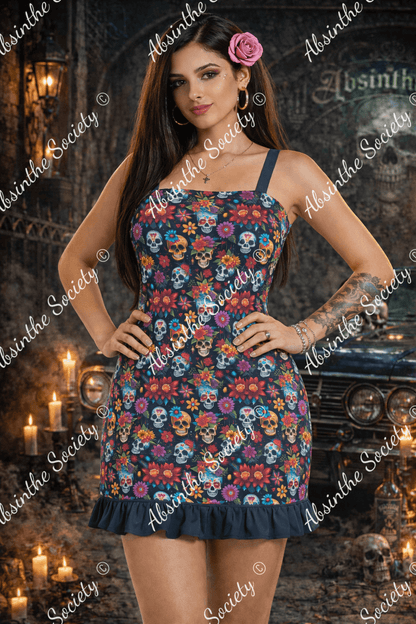 Carnival Skulls Ruffle Hem Mini Dress