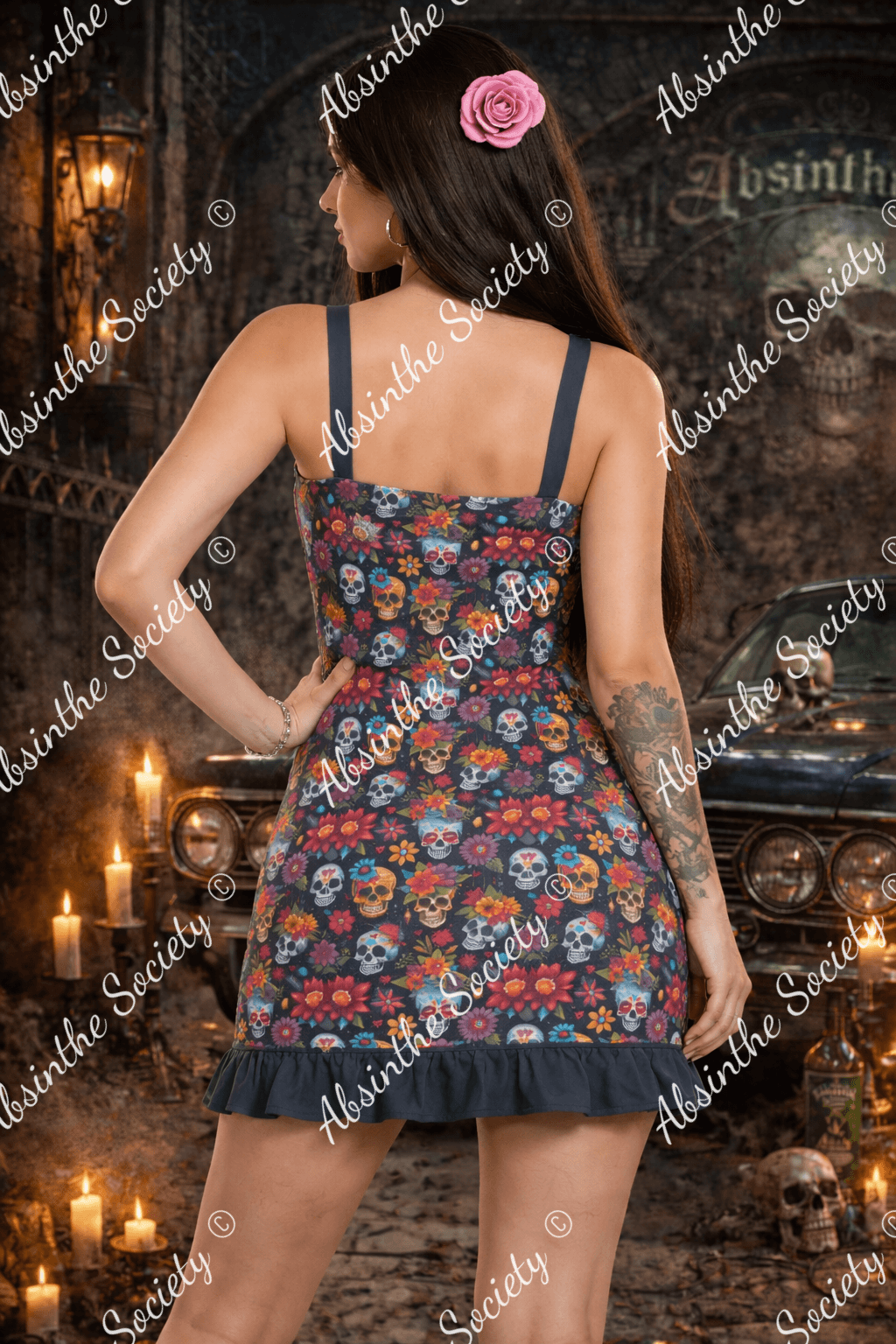 Carnival Skulls Ruffle Hem Mini Dress