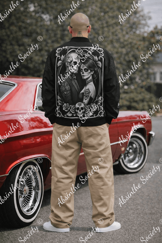 Ghostly Glamor - Día de los Muertos Fleece Bomber Jacket | Sugar Skull Couple White
