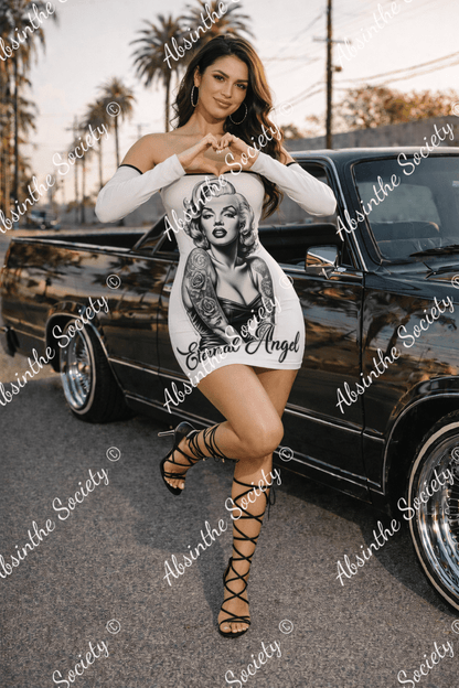 Eternal Angel All-Over Print Off-shoulder Back Lace-up Dress White