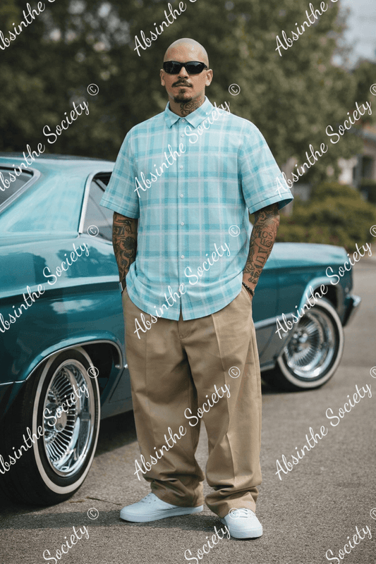 Teal Absinthe Society Plaid -White Sleeve Logo- Button Collared Shirt