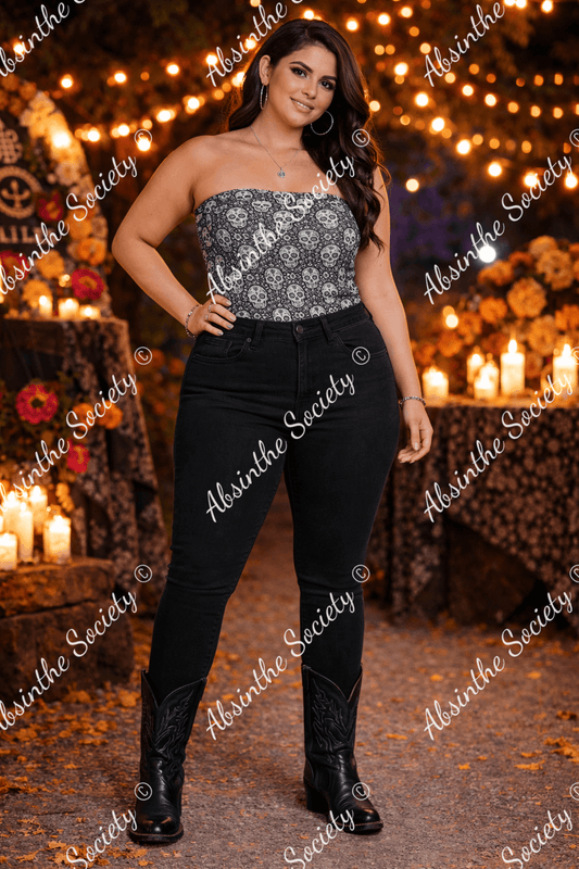 Gothic Gala Sugar Skull - Double-Layer Strapless Top | Día de los Muertos