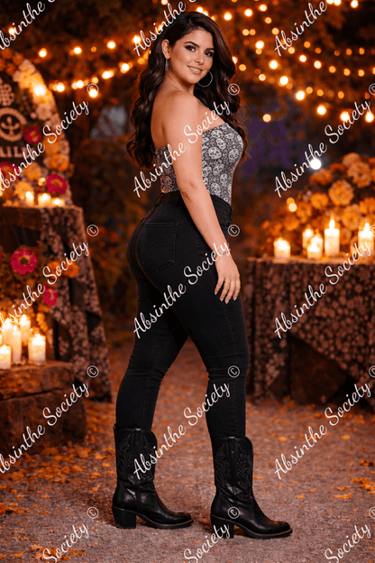 Gothic Gala Sugar Skull - Double-Layer Strapless Top | Día de los Muertos