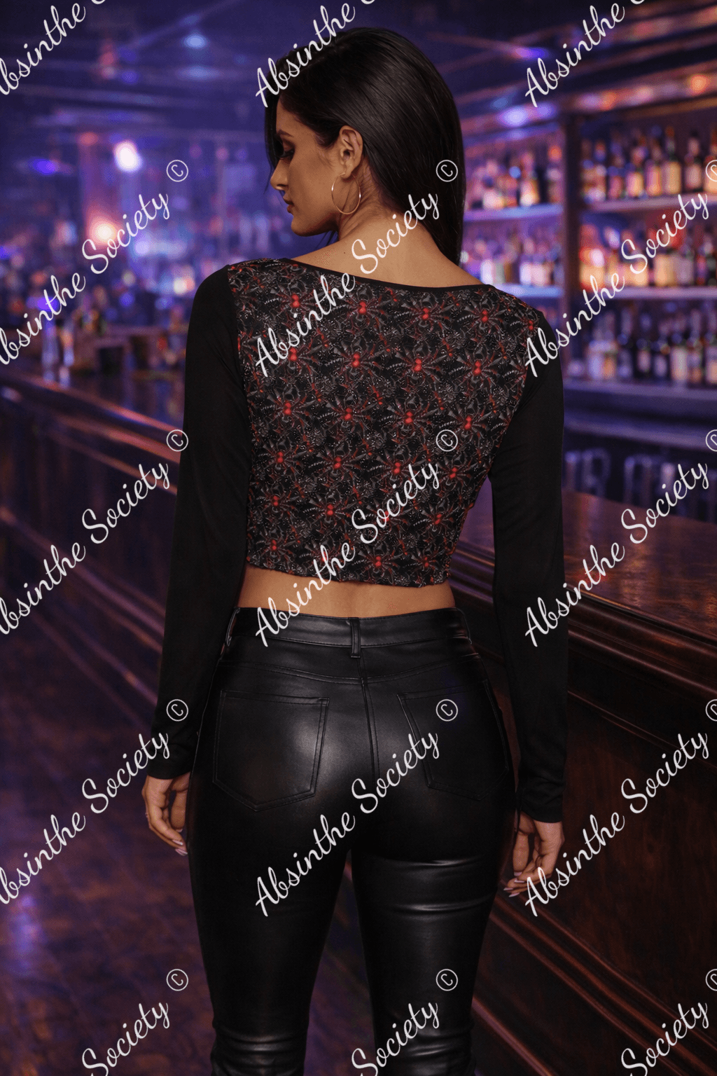 Arach-No-Phobia Cropped Mesh Long Sleeves T-shirt - Gothic