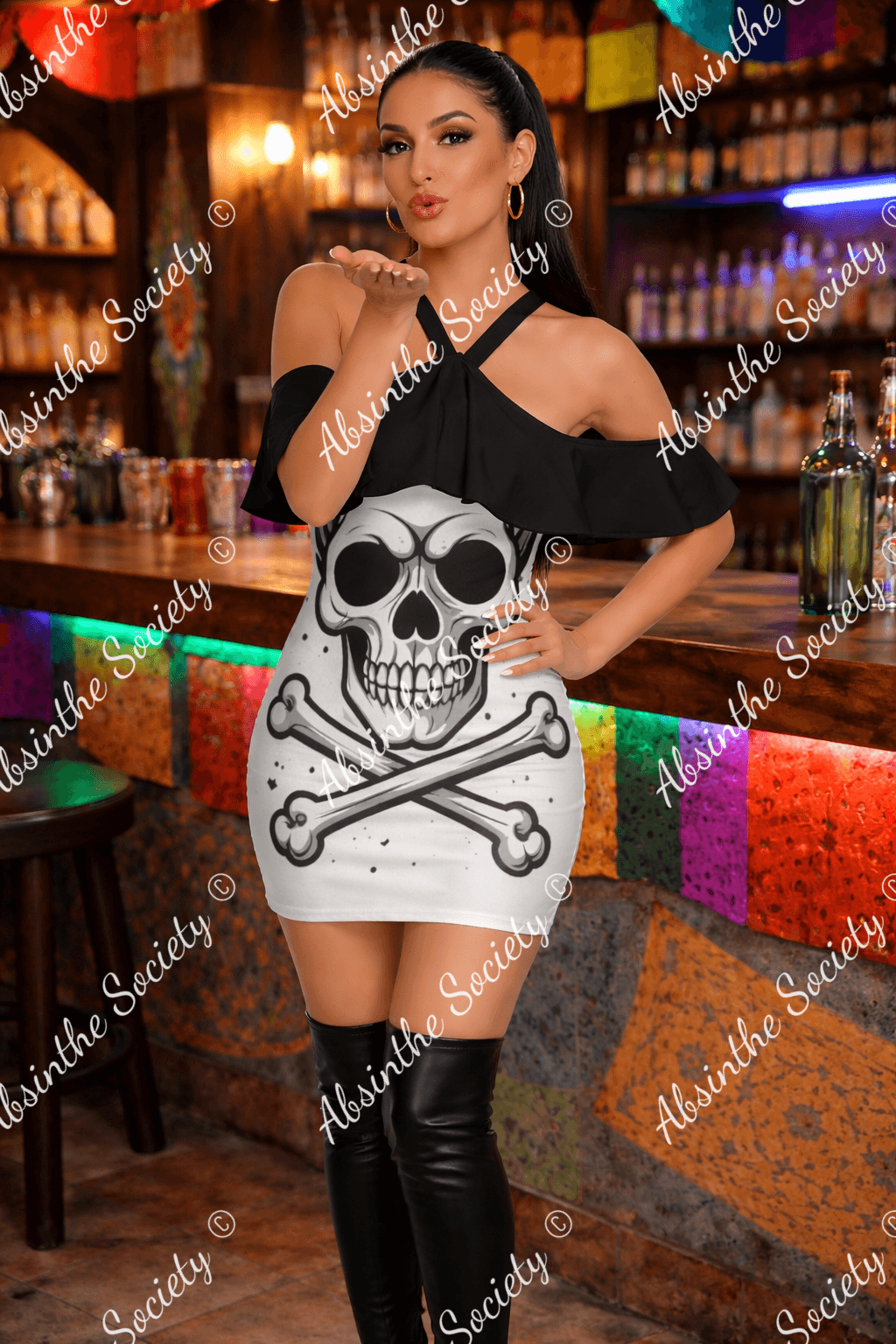 Skull Ritual - Cold Shoulder Ruffle Cami Dress White