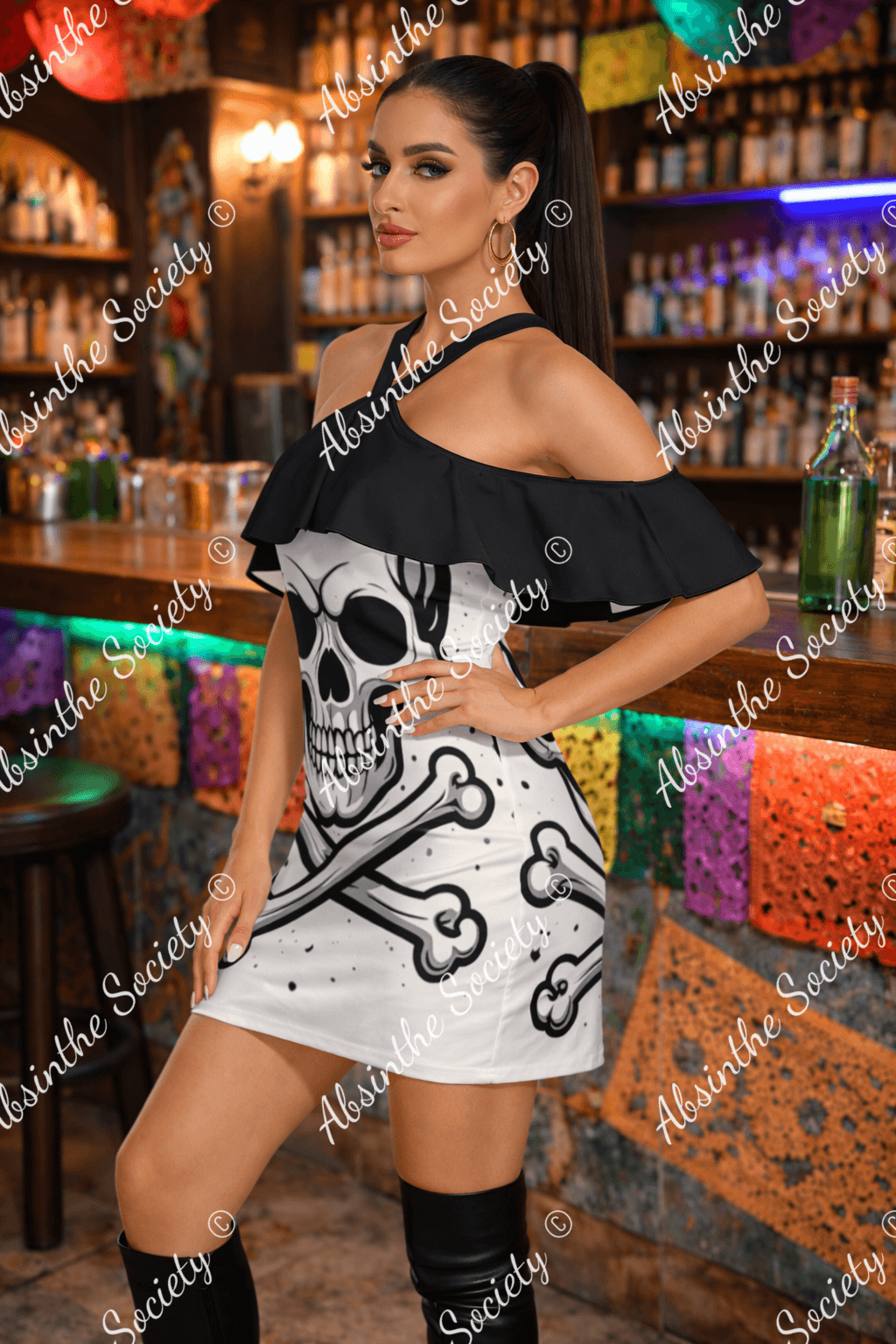 Skull Ritual - Cold Shoulder Ruffle Cami Dress