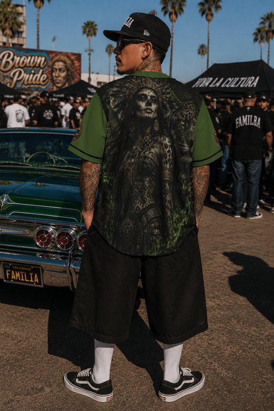 Viva México La Reina | All-Over Print Cropped Baseball Jersey | Dark Chicana Gothic Streetwear