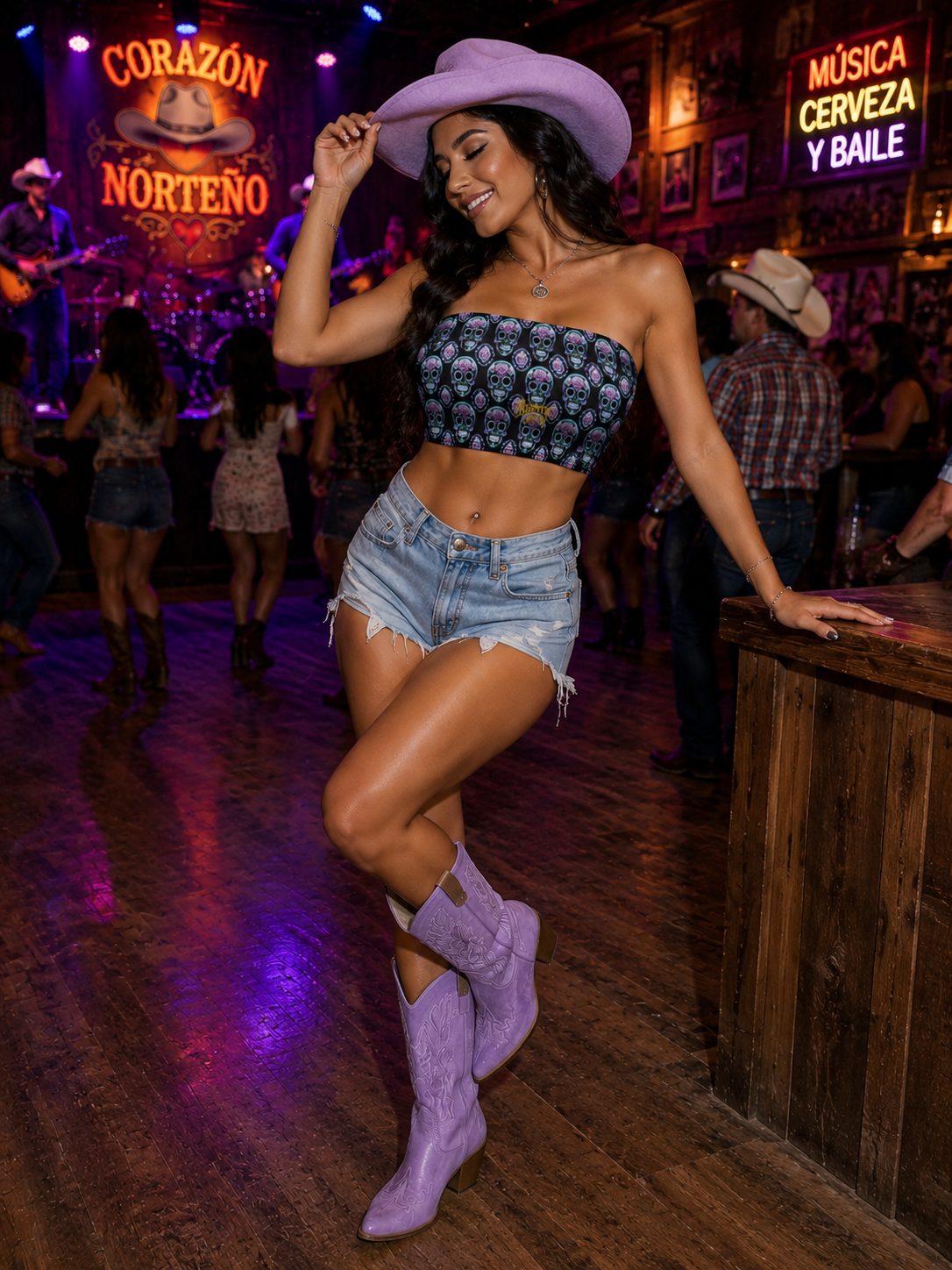 Las Calaveras Moradas | Purple Sugar Skull All-Over Print Strapless Tube Top | Chicana Gothic Streetwear