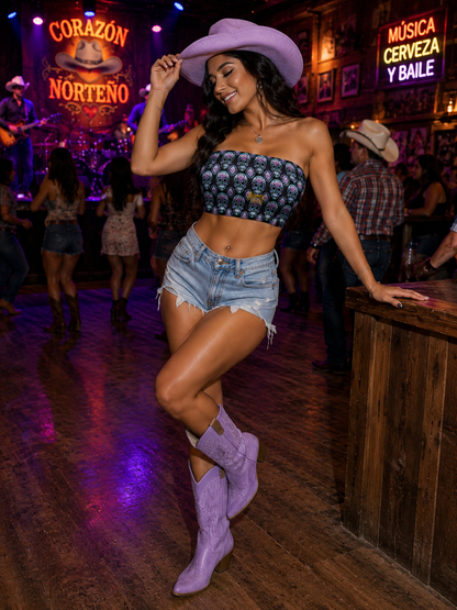 Las Calaveras Moradas | Purple Sugar Skull All-Over Print Strapless Tube Top | Chicana Gothic Streetwear