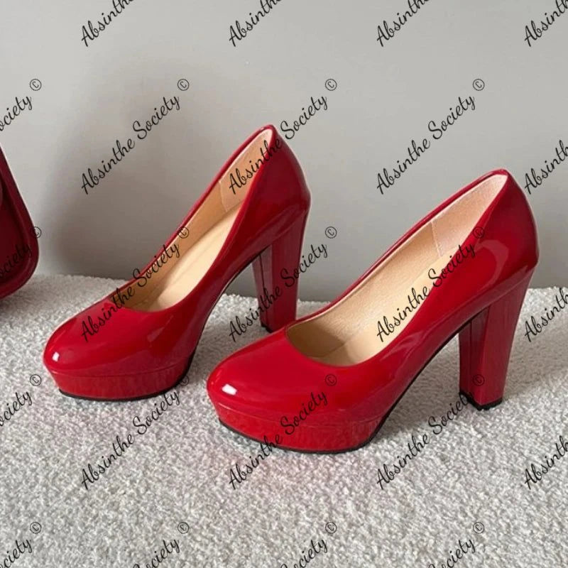 Street Style Block Heel Pumps | Round Toe Red