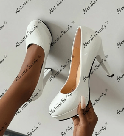 Street Style Block Heel Pumps | Round Toe WHITE