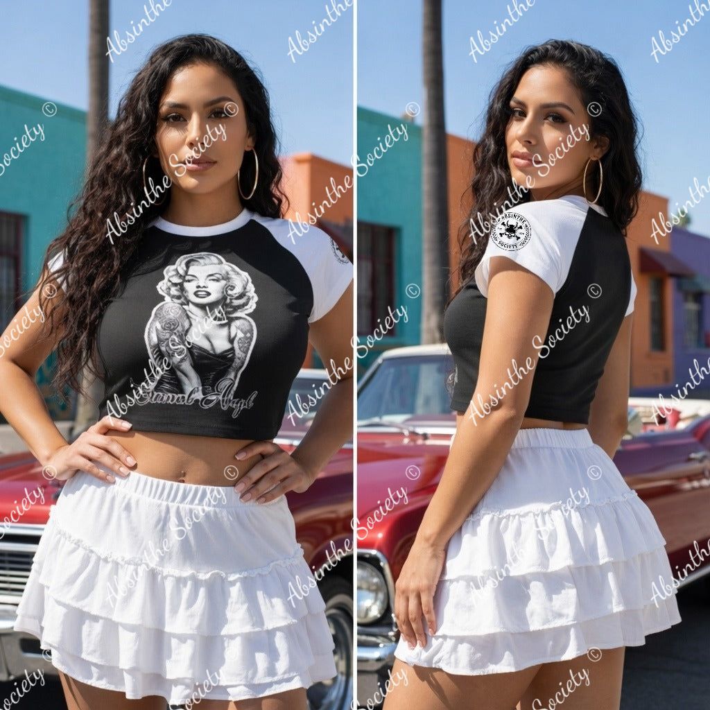 Eternal Angel White/Black Cropped T-shirt - Gothic Raglan