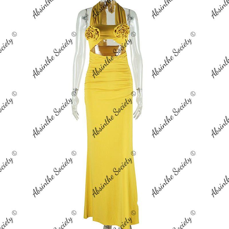 3D Flower Halter Neck Pencil Dress | High Waist Long Ginger Yellow
