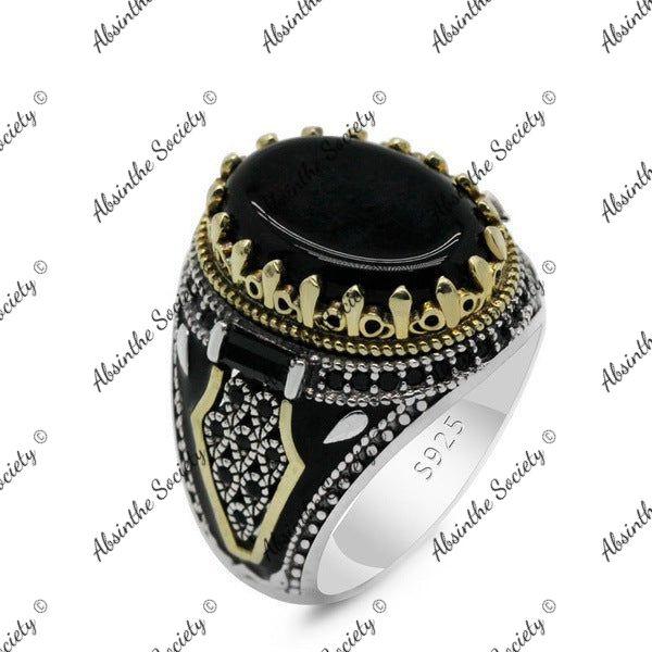 Itztli | Black Natural Agate 925 Sterling Silver Ring