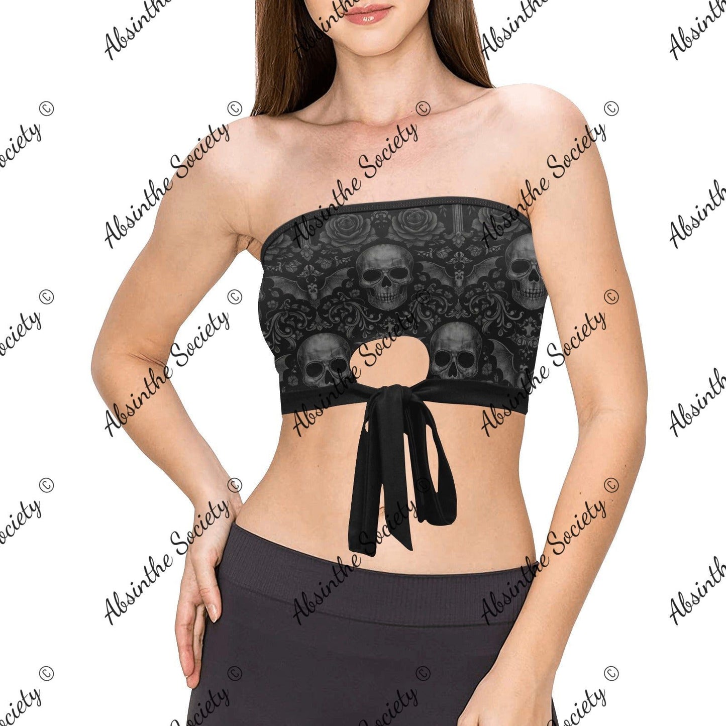 La Guerrera | All-Over Print Tie Bandeau Top | Dark Chicana Gothic Streetwear Black