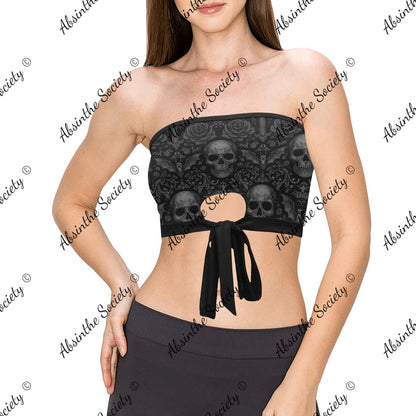 La Guerrera | All-Over Print Tie Bandeau Top | Dark Chicana Gothic Streetwear Black